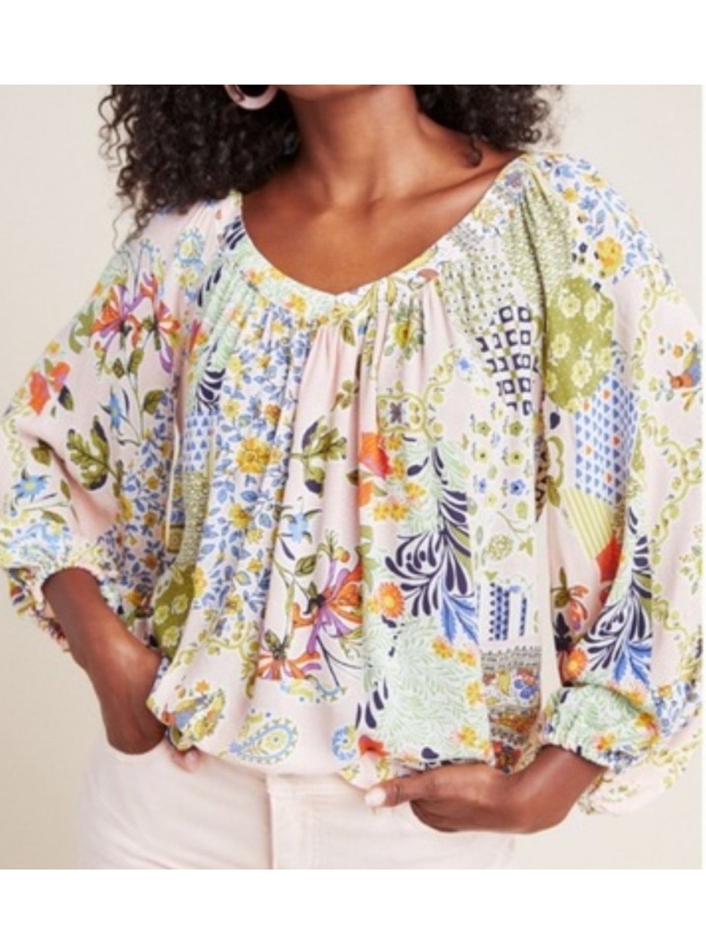 Anthropologie Patchwork Floral Peasant Blouse - Pink, Green, Blue